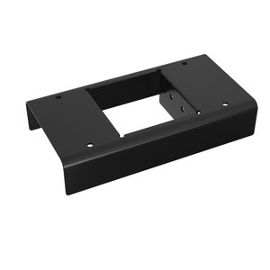 May include: Black metal mounting bracket with multiple holes for attaching a device. The bracket has a rectangular cutout in the centre.