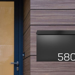 Modern Black Mailbox, Wall Mount, Custom House Number, Movo Home