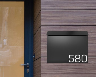 Modern Black Mailbox, Wall Mount, Custom House Number, Movo Home