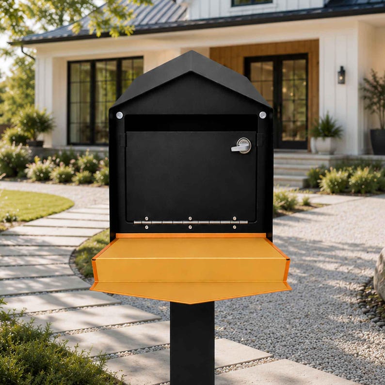 Peut inclure: Une bo&icirc;te aux lettres en m&eacute;tal noir avec un toit en pointe, dot&eacute;e d'une porte frontale rectangulaire avec une poign&eacute;e de verrouillage argent&eacute;e et d'une large &eacute;tag&egrave;re horizontale orange vif &agrave; la base, mont&eacute;e sur un poteau vertical noir.