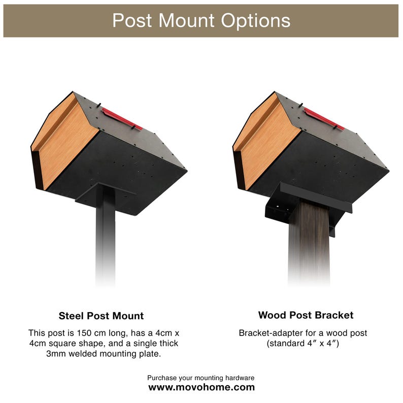 Peut inclure: Deux options de montage pour bo&icirc;te aux lettres intitul&eacute;es Post Mount Options. &Agrave; gauche, un support en acier de 150 cm de long, 4cm x 4cm, avec une plaque de 3mm. &Agrave; droite, un support pour poteau en bois standard de 4" x 4". Texte : www.movohome.com.