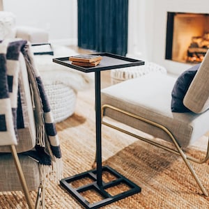 C-shaped Table, Side Table, End Table, Sofa Table, Coffee Table Living Room, Space Saving Sliding, compact small table, Modern, Couch Arm
