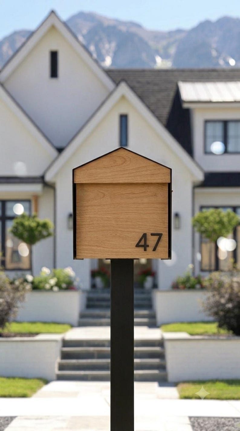 Peut inclure: Une bo&icirc;te aux lettres rectangulaire avec un toit en pignon, pr&eacute;sentant une finition en grain de bois brun clair et le num&eacute;ro 47 imprim&eacute; en noir sur le devant. La bo&icirc;te aux lettres est mont&eacute;e sur un poteau m&eacute;tallique noir, fin et haut.