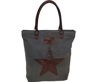 STAR ARMY CANVAS  shopper with leather handles