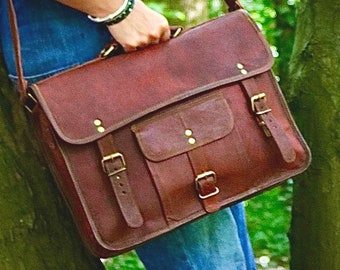 LEATHER SATCHEL VINTAGE style, large size, handmade