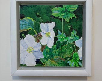 White Anemonies. Original, framed, acrylic painting on stretched canvas.
