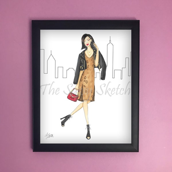 Fashion Illustration, Fashion Print, Drawing of Dress, Chic Illustration, Cartoon Picture of City, Girl Art Print, Brunette Fashion Sketch