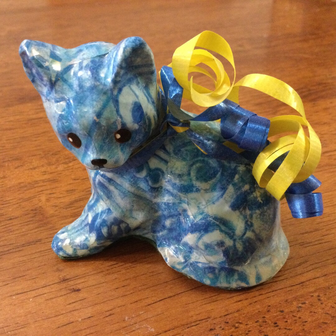 Sweet Blue and Yellow Decoupage Cat Figurine Etsy