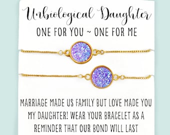 Bonus Daughter Bracelet Set- Matching Bracelets- Box Chain Bracelet- Bonus Mom and Bonus Daughter with Card "Marriage made us family..."