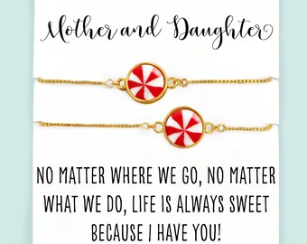 Mother and Daughter Bracelet Set- Matching Bracelets- Mom and Daughter Bracelets with Card- "No matter where we go..." Christmas Peppermints
