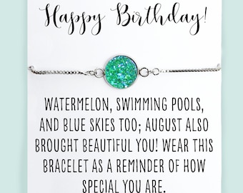 August Birthday Card and Bracelet- August Birthstone Bracelet- Peridot Color Choice- Gold or Silver- Happy Birthday- Birthstone Jewelry