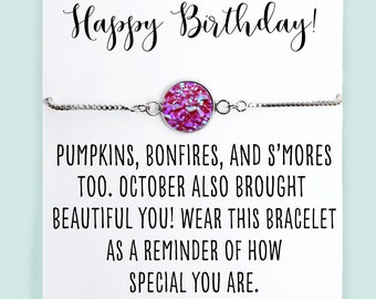 October Birthday Card and Bracelet- October Birthstone Bracelet- Pink Tourmaline Colored Druzy- Happy Birthday Birthstone Jewelry