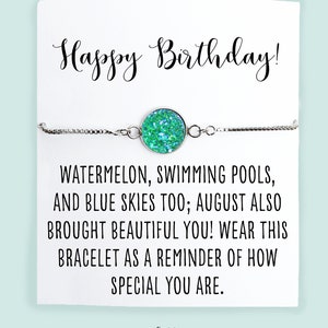 August Birthday Card and Bracelet- August Birthstone Bracelet- Peridot Color Choice- Gold or Silver- Happy Birthday- Birthstone Jewelry