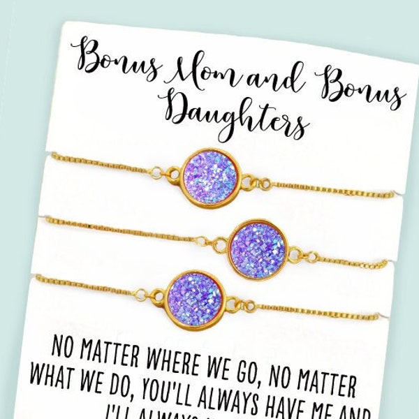 Bonus Mom Gift- Matching Bracelets- Mother and Daughter- Bonus Mom and Bonus Daughters Bracelets with Card "No matter where we go..."