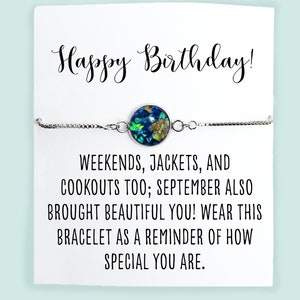 Sapphire Bracelet Color- September Bracelet and Birthday Card- Birthstone Bracelet- Sapphire Colored Cabochon- Happy Birthday Jewelry Gift
