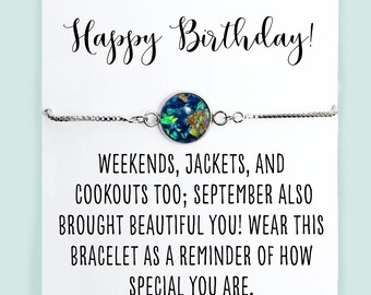 Sapphire Bracelet Color- September Bracelet and Birthday Card- Birthstone Bracelet- Sapphire Colored Cabochon- Happy Birthday Jewelry Gift