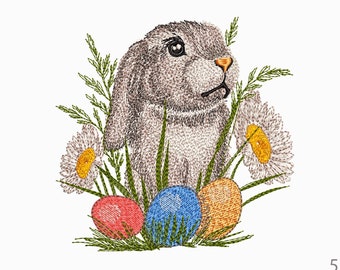 Machine Embroidery Easter Bunny with meadow flowers, daisies. 5 sizes, Machine Embroidery Designs.