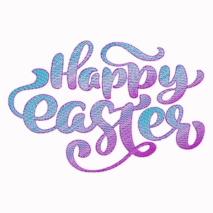 Puede incluir: Feliz Pascua escrito en degradado de morado y azul con un aspecto texturizado y bordado.