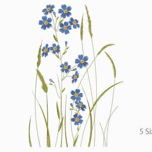 Könnte beinhalten: Stickerei mit blauen Vergissmeinnicht-Blumen und grünem Gras. 5 Größen.