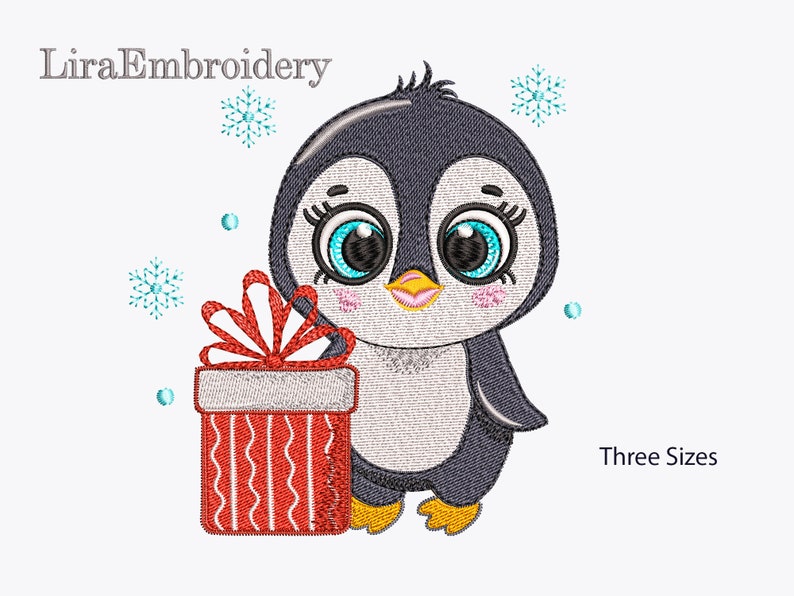 May include: A cute cartoon penguin with big blue eyes holding a red and white striped gift box with a red bow. The penguin is standing on a white background with snowflakes.