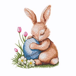 Cute Easter Bunny - Spring Rabbit with Flowers And Egg. 4 sizes, Machine Embroidery Designs.