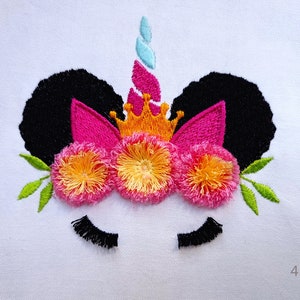 Afro Unicorn Embroidery Design with 3d flowers, Fringed Fluffy Chenille, 4 Sizes, Machine Embroidery Design