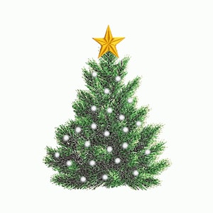 May include: A green Christmas tree with white lights and a gold star on top.