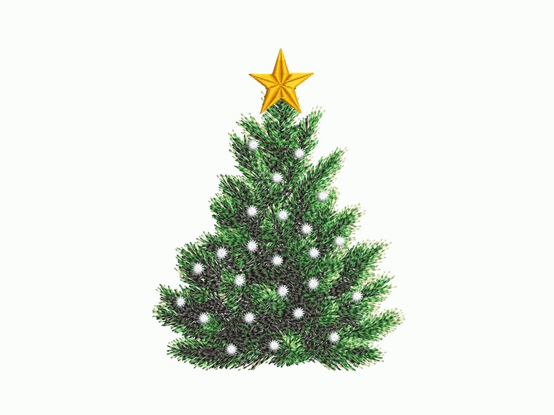May include: A green Christmas tree with white lights and a gold star on top.
