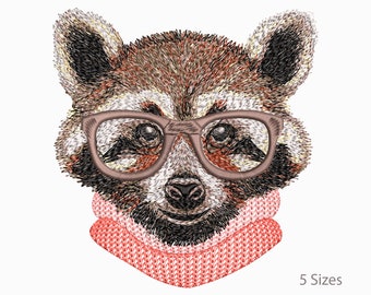 Super Realistic Raccoon with Glasses  in Sweater. Machine Embroidery Designs, 5 Sizes