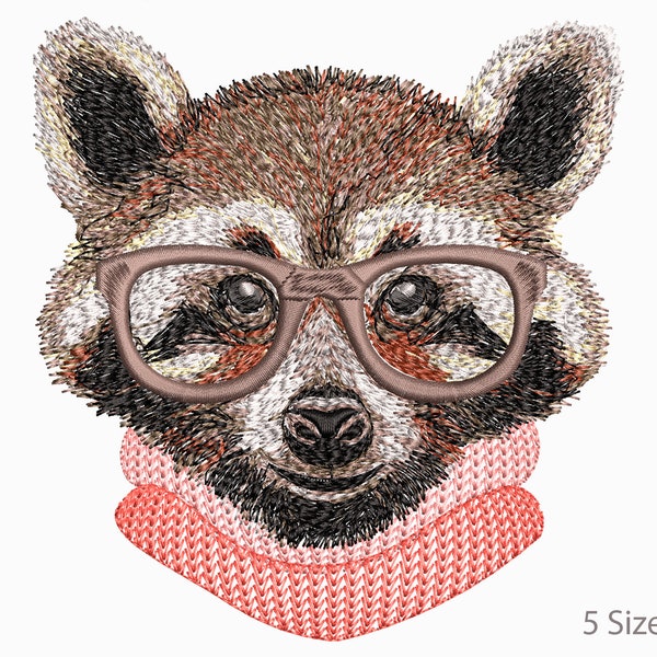 Raton laveur super réaliste avec des lunettes en pull. Motifs de broderie machine, 5 tailles