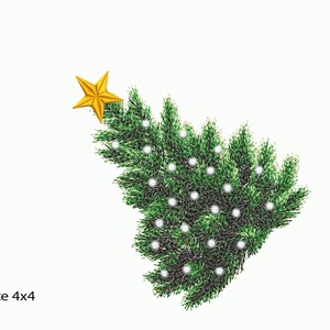 May include: A green Christmas tree with white ornaments and a gold star on top. The tree is 4 inches by 4 inches.