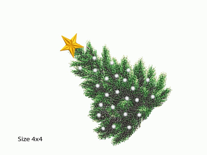 May include: A green Christmas tree with white ornaments and a gold star on top. The tree is 4 inches by 4 inches.