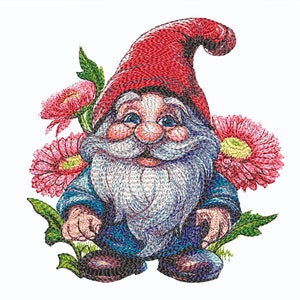 Super detailed Gnome Machine Embroidery Design, Gnome and Flowers Machine Embroidery Designs, 6 Sizes