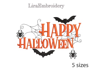 Può includere: Testo arancione "Happy Halloween" con ragnatele, pipistrelli e ragni neri.