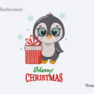 May include: Embroidered design of a cute penguin holding a red and white striped gift box with a green bow. The text "Merry Christmas" is below the penguin in red and green letters.