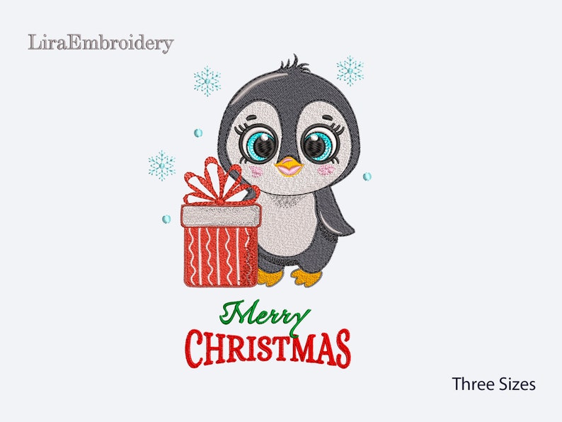 May include: Embroidered design of a cute penguin holding a red and white striped gift box with a green bow. The text "Merry Christmas" is below the penguin in red and green letters.