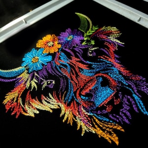 Machine Embroidery Scottish Highland Cow on Black. Colorful Bright Machine Embroidery Designs, 7 Sizes image 3