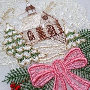 FSL Decoration Christmas Church, Bow and Pine Branch  Lace Embroidery. Christmas Wreath. Size 5 x 7&quot;