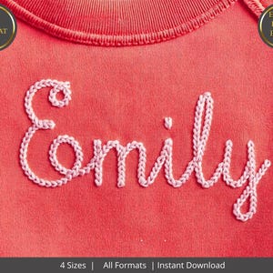 May include: A coral-colored fabric featuring the name Emily embroidered in light pink thread using a cursive script. Two circular badges are present, one labeled BX FORMAT and the other labeled EMILY KNIT FONT. The bottom text reads 4 Sizes | All Formats | Instant Download.