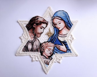 FSL Christmas Nativity Scene Lace Embroidery. Christmas Star. Christmas Tree Decoration. Lace Christmas Wreath.