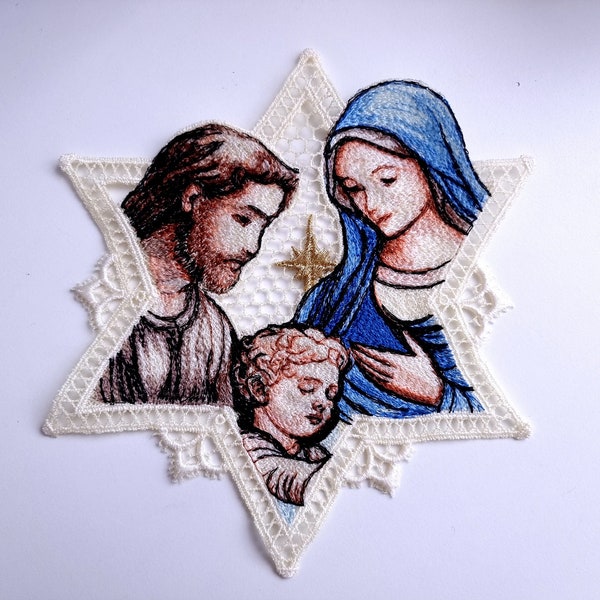 Broderie en dentelle de scène de la Nativité de Noël FSL. Étoile de Noël. Décoration d'arbre de Noël. Couronne de Noël en dentelle.