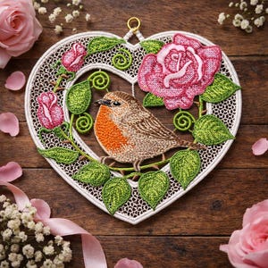 Decoración FSL: Un corazón con un anillo de rosa y un petirrojo. Diseño de bordado a máquina. San Valentín FSL.