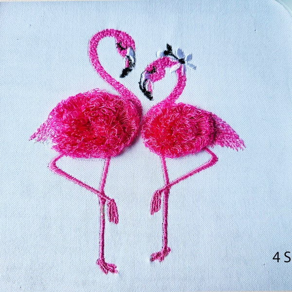 Motifs de broderie machine Flamants roses 3D, Chenille moelleux frangé, 5 tailles,