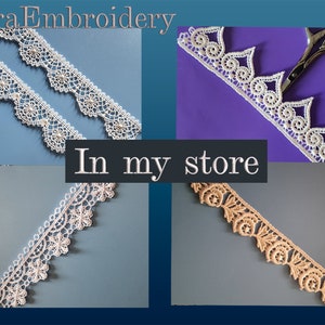 May include: Four different types of white and beige lace trim. The lace trim is delicate and intricate with a variety of patterns. The text "Lira Embroidery" and "In my store" is visible in the image.
