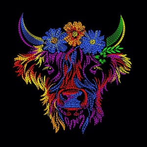 Machine Embroidery Scottish Highland Cow on Black. Colorful Bright Machine Embroidery Designs, 7 Sizes image 2