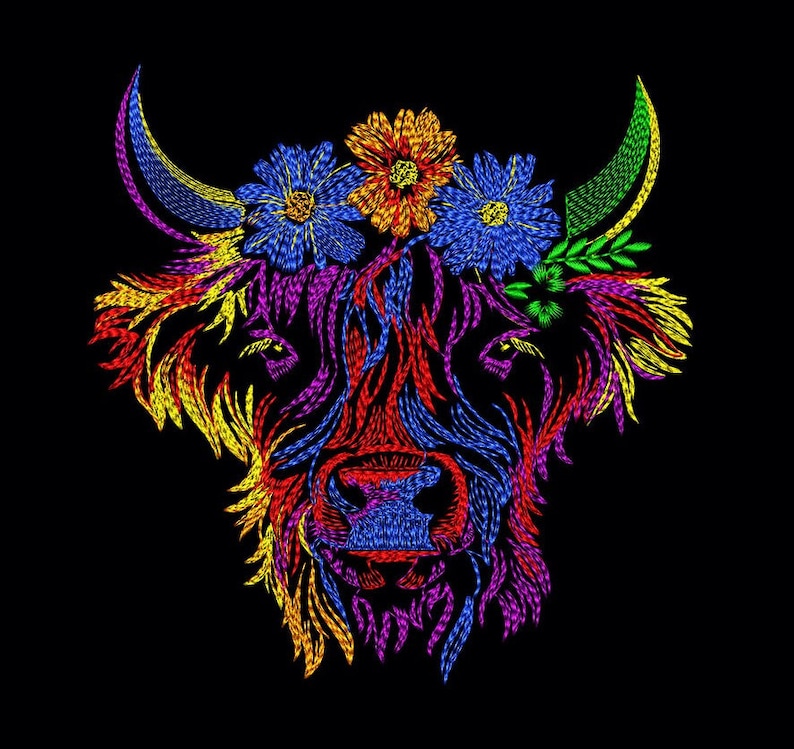 Machine Embroidery Scottish Highland Cow on Black. Colorful Bright Machine Embroidery Designs, 7 Sizes image 2