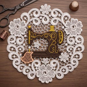 FSL Nähmaschinen-Stickmuster – Freistehendes Ornament im Vintage-Stil – Datei sofort zum Download.