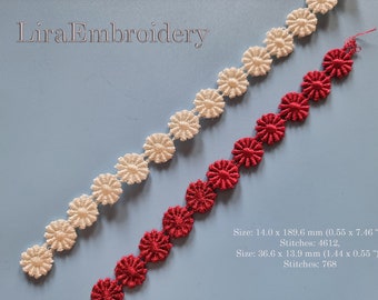 May include: Two rows of white and red embroidered trim with a flower design. The trim is 1.4 cm wide and 18.96 cm long. The trim is also available in a smaller size, measuring 3.66 cm by 1.39 cm.