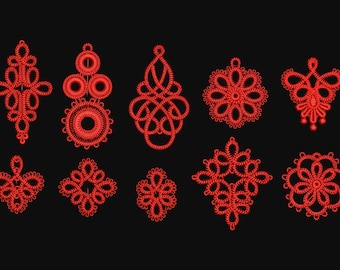 May include: Ten red crocheted lace designs, including a heart, a flower, and a circle, on a black background.