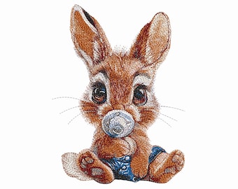 Baby Bunny Machine Embroidery Designs, 7 Sizes. Beautiful Little Realistic Easter Embroidery Bunny with Pacifier